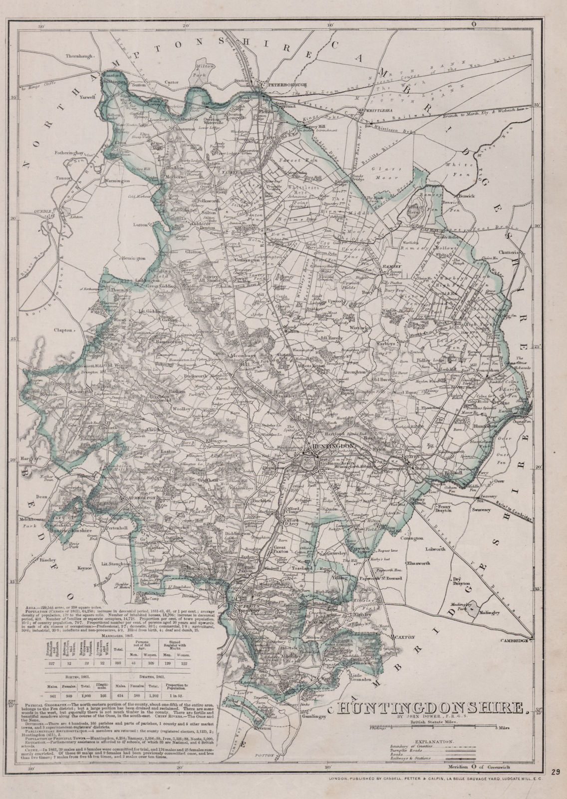 HUNTINGDONSHIRE county map. Shows 2 exclaves. Railways.DOWER/BR DAVIES 1868